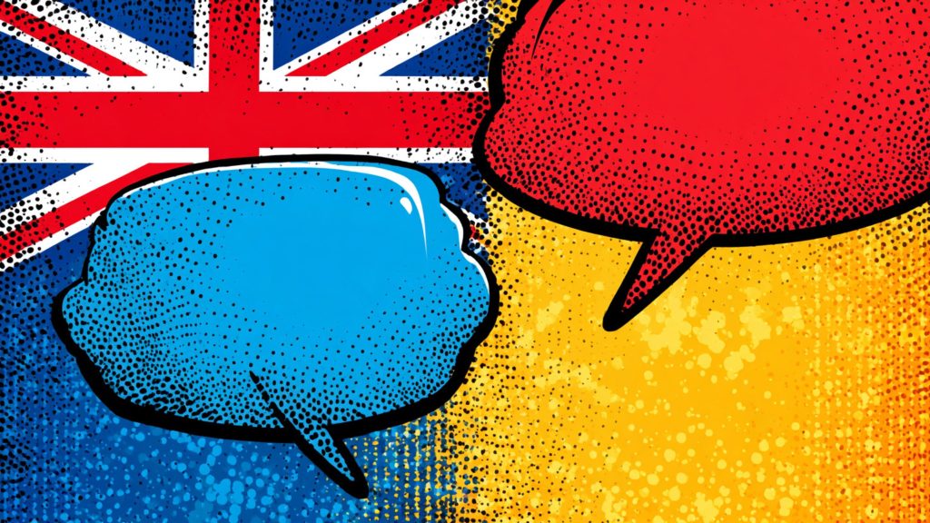 Two comic-style speech bubbles, one blue and one red, placed over a background split between the UK flag on the left and a yellow textured pattern on the right.